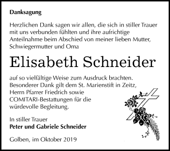 Traueranzeige von Elisabeth Schneider von Mitteldeutsche Zeitung Zeitz