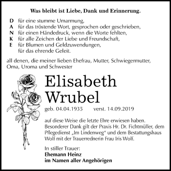 Traueranzeige von Elisabeth Wrubel von Wochenspiegel Weißenfels