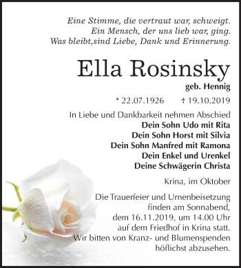 Traueranzeige von Ella Rosinsky von Wochenspiegel Bitterfeld