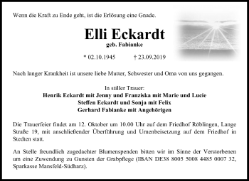 Traueranzeige von Elli Eckardt von Super Sonntag Mansfelder Land