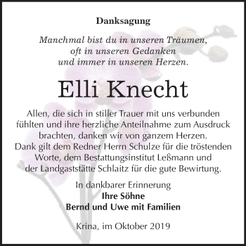 Traueranzeige von Elli Knecht von Wochenspiegel Bitterfeld