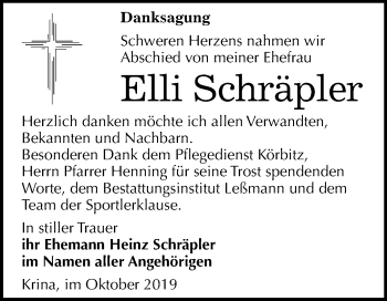 Traueranzeige von Elli Schräpler von Mitteldeutsche Zeitung Bitterfeld
