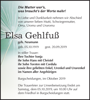 Traueranzeige von Elsa Gehlfuß von Wochenspiegel Naumburg/Nebra