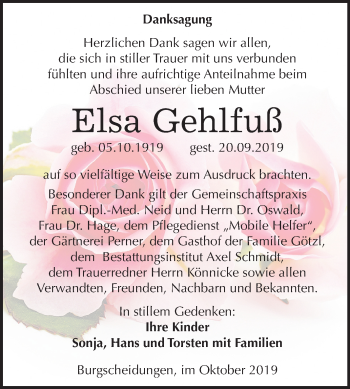 Traueranzeige von Elsa Gehlfuß von Wochenspiegel Naumburg/Nebra