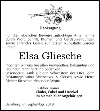 Traueranzeige von Elsa Gliesche von Super Sonntag Bernburg