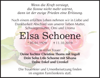 Traueranzeige von Elsa Schoene von Super Sonntag Wittenberg