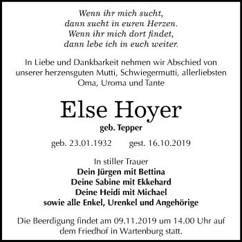 Traueranzeige von Else Hoyer von Super Sonntag Wittenberg