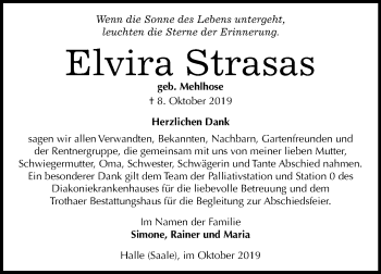 Traueranzeige von Elvira Strasas von Mitteldeutsche Zeitung Halle/Saalkreis
