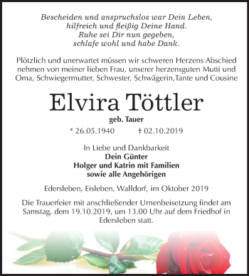 Traueranzeige von Elvira Töttler von Mitteldeutsche Zeitung Sangerhausen