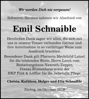 Traueranzeige von Emil Schnaible von Wochenspiegel Bitterfeld