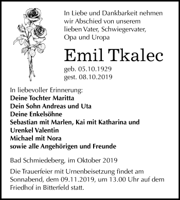 Traueranzeige von Emil Tkalec von Wochenspiegel Bitterfeld