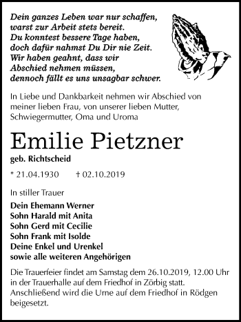 Traueranzeige von Emilie Pietzner von Wochenspiegel Bitterfeld