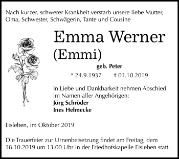 Traueranzeige von Emma Werner von Wochenspiegel Mansfelder Land