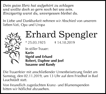 Traueranzeige von Erhard Spengler von Mitteldeutsche Zeitung Merseburg/Querfurt