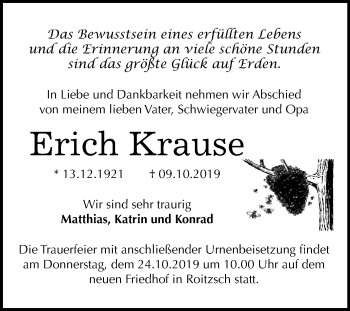 Traueranzeige von Erich Krause von Wochenspiegel Bitterfeld