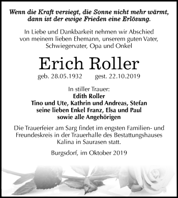 Traueranzeige von Erich Roller von Wochenspiegel Mansfelder Land