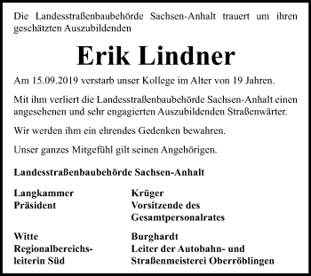 Traueranzeige von Erik Lindner von Mitteldeutsche Zeitung Sangerhausen