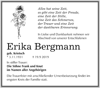 Traueranzeige von Erika Bergmann von Mitteldeutsche Zeitung Halle/Saalkreis