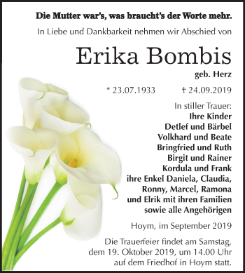 Traueranzeige von Erika Bombis von Super Sonntag Aschersleben