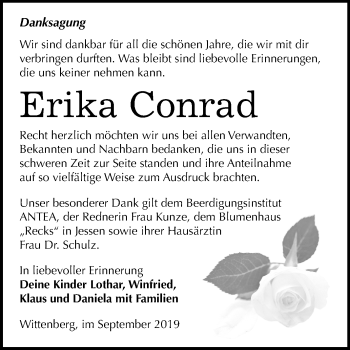 Traueranzeige von Erika Conrad von Super Sonntag Wittenberg