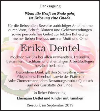 Traueranzeige von Erika Dentel von Super Sonntag Köthen