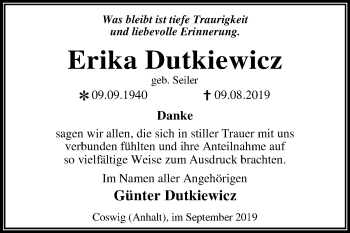 Traueranzeige von Erika Dutkiewicz von Super Sonntag Wittenberg