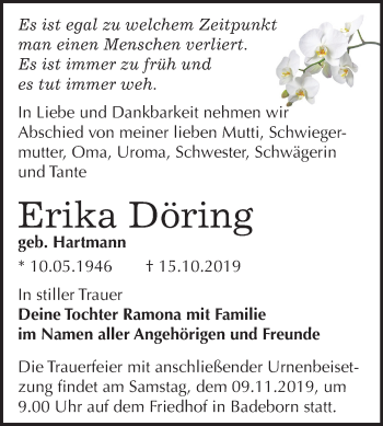 Traueranzeige von Erika Döring von Mitteldeutsche Zeitung Quedlinburg