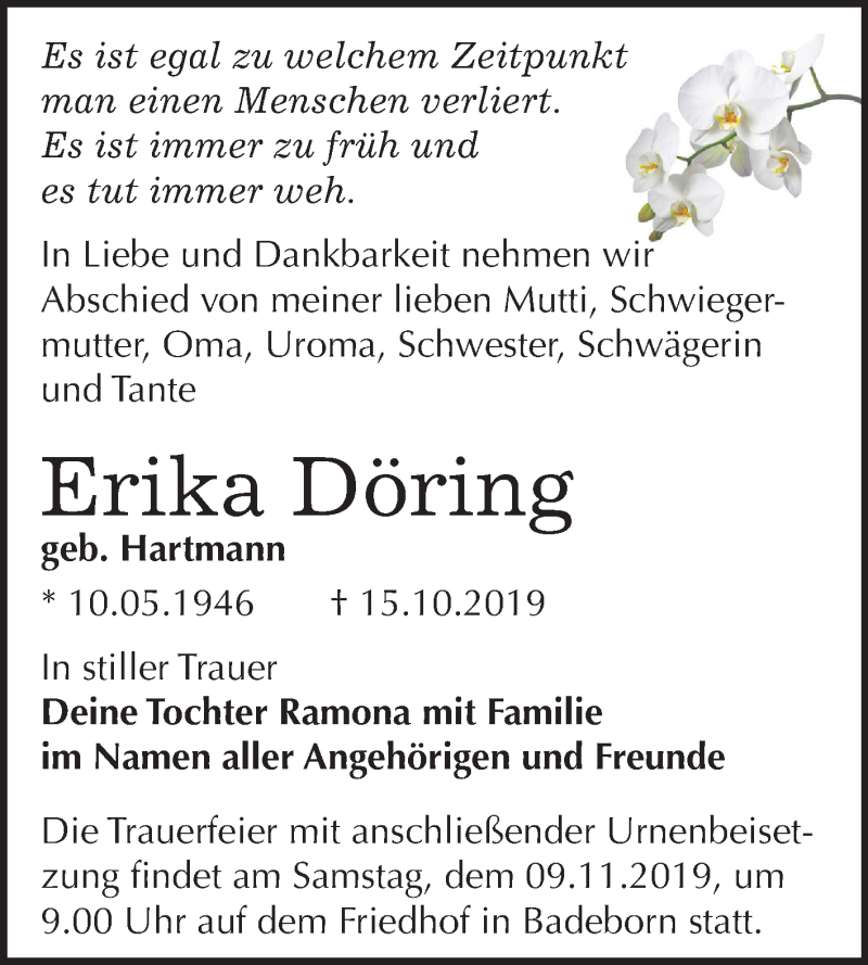  Traueranzeige für Erika Döring vom 26.10.2019 aus Mitteldeutsche Zeitung Quedlinburg