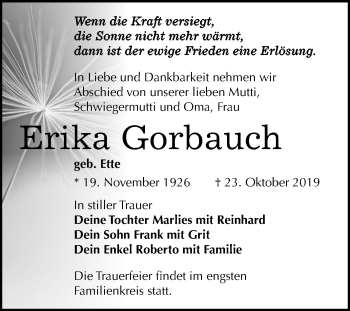 Traueranzeige von Erika Gorbauch von Mitteldeutsche Zeitung Weißenfels