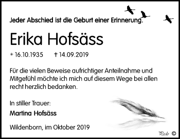 Traueranzeige von Erika Hofsäss von Super Sonntag Zeitz