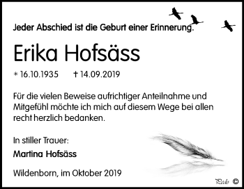 Traueranzeige von Erika Hofsäss von Mitteldeutsche Zeitung Zeitz