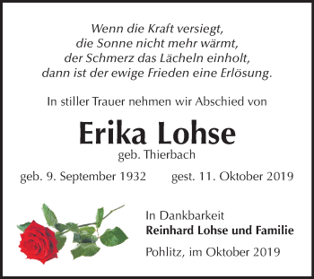 Traueranzeige von Erika Lohse von Wochenspiegel Naumburg/Nebra