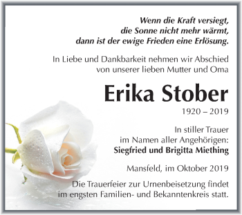 Traueranzeige von Erika Stober von Mitteldeutsche Zeitung Mansfelder Land