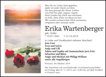 Traueranzeige von Erika Wartenberger von Mitteldeutsche Zeitung Wittenberg