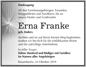 Traueranzeige von Erna Franke von Super Sonntag Merseburg/Querfurt