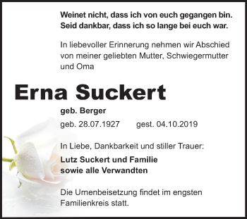Traueranzeige von Erna Suckert von Wochenspiegel Bitterfeld