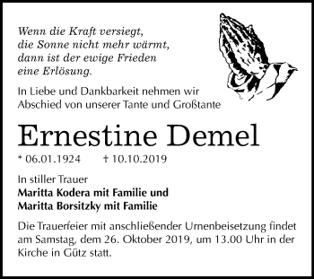 Traueranzeige von Ernestine Demel von Mitteldeutsche Zeitung Halle/Saalkreis