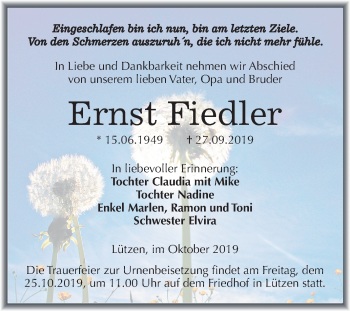 Traueranzeige von Ernst Fiedler von Wochenspiegel Weißenfels