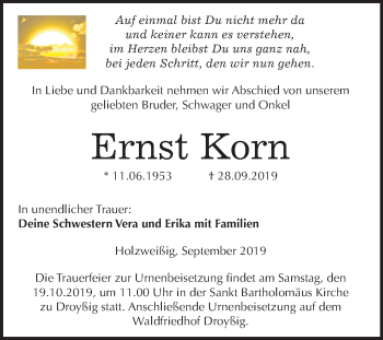 Traueranzeige von Ernst Korn von Wochenspiegel Bitterfeld