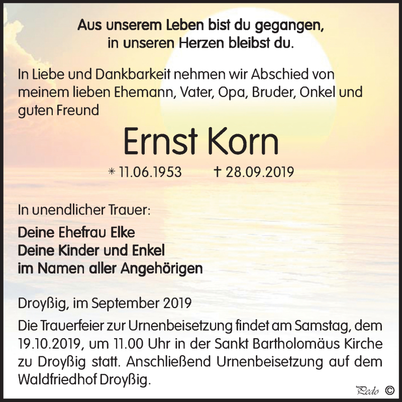  Traueranzeige für Ernst Korn vom 05.10.2019 aus Mitteldeutsche Zeitung Zeitz