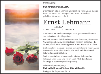 Traueranzeige von Ernst Lehmann von Super Sonntag Köthen