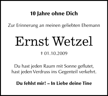 Traueranzeige von Ernst Wetzel von Mitteldeutsche Zeitung Quedlinburg