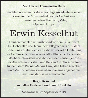 Traueranzeige von Erwin Kesselhut von Super Sonntag Sangerhausen