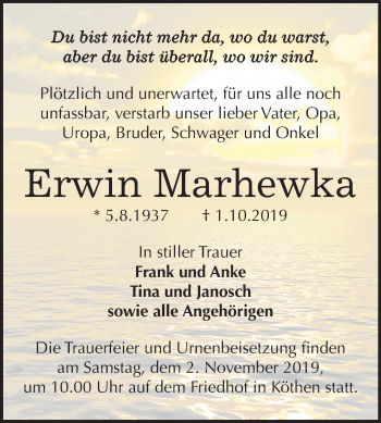 Traueranzeige von Erwin Marhewka von Mitteldeutsche Zeitung Köthen