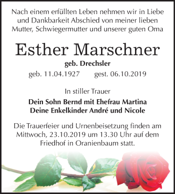 Traueranzeige von Esther Marschner von Super Sonntag Wittenberg