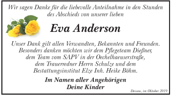 Traueranzeige von Eva Anderson von Super Sonntag Dessau-Roßlau