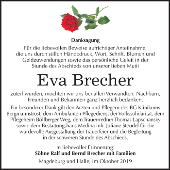 Traueranzeige von Eva Brecher von Mitteldeutsche Zeitung Halle/Saalkreis