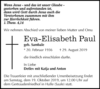 Traueranzeige von Eva-Elisabeth Paul von Mitteldeutsche Zeitung Halle/Saalkreis / Naumburg/Nebra