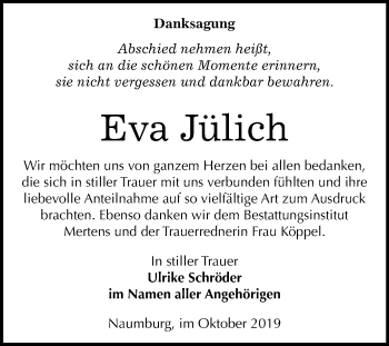 Traueranzeige von Eva Jülich von Wochenspiegel Naumburg/Nebra