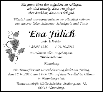 Traueranzeige von Eva Jülich von Wochenspiegel Naumburg/Nebra